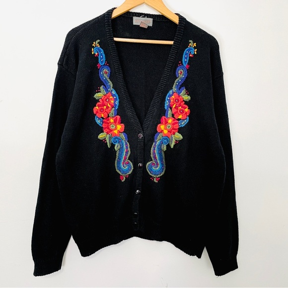 Embroidered Floral Black Academia Knit Cardigan Sweater